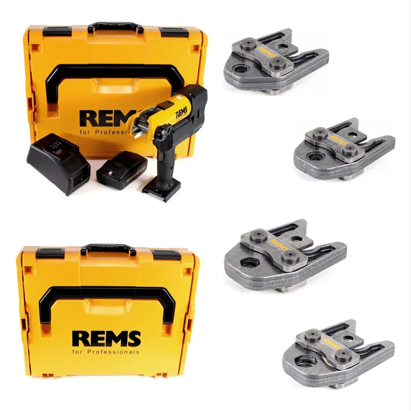 Ausverkauf REMS Akku-Press 22V ACC + 1x Akku 2,5Ah + Schnellladegerät + Pressbacken Presszangen Standard Set M15,18,22,28 in 2 L-Boxxen