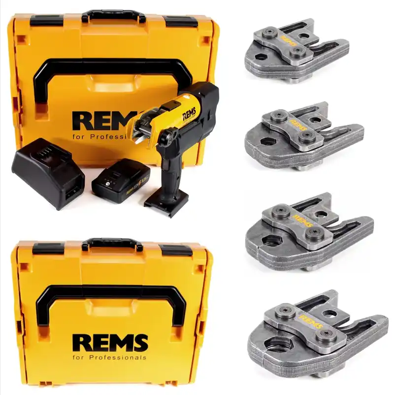 REMS Akku-Press 22V ACC + 1x Akku 2,5Ah + Schnellladegerät + Pressbacken Presszangen Standard Set V15,18,22,28 in 2 L-Boxxen Direktkauf