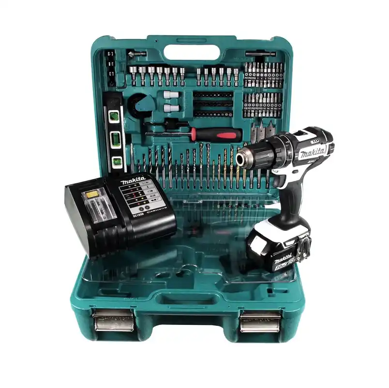 Schnäppchen Makita DHP 482 SFTK W Akku Schlagbohrschrauber 18V 62Nm + 3,0 Ah Akku + Ladegerät + 101 tlg. Werkzeugset im Koffer