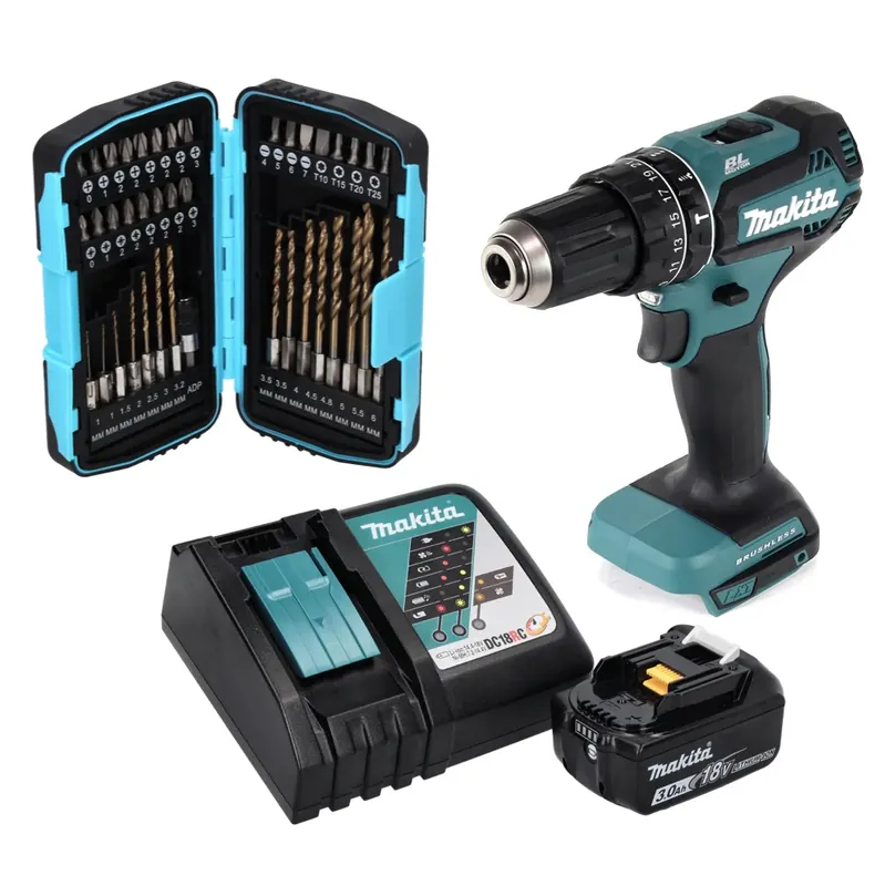Versand Am Gleichen Tag Makita DHP 485 RF1 Akku Schlagbohrschrauber 18 V 50 Nm Brushless + 1x Akku 3,0 Ah + Ladegerät + 40 tlg. Bit Bohrer Set