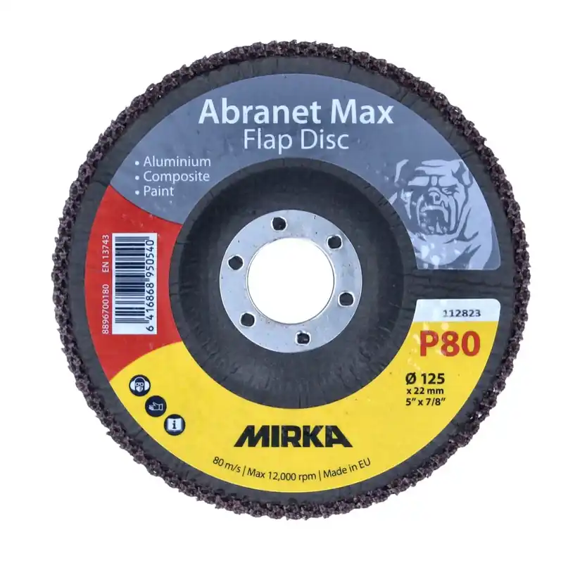 Super-Preis Mirka Abranet Max Flap disc T29 Set 125 mm 22 mm ALOX 80 20 Stück ( 20x 8896700180 ) Fächerscheibe für Aluminium, Verbundstoffe, Lack