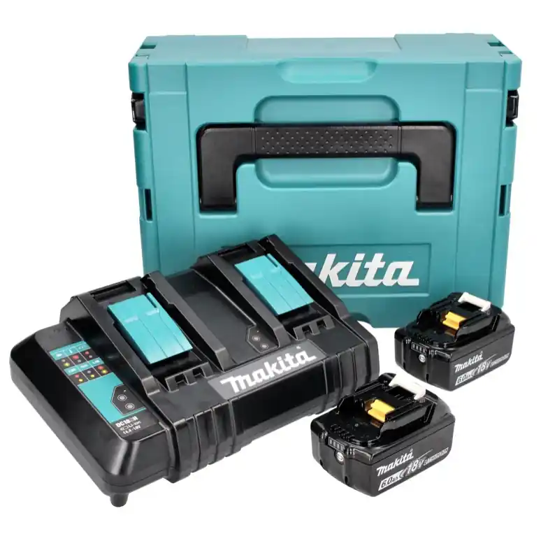 Knallerangebot Makita Power Source Kit 18 V mit 2x BL 1860 B 6,0 Ah Akku ( 197422-4 ) + DC 18 SH Doppel Ladegerät ( 199687-4 ) + Makpac