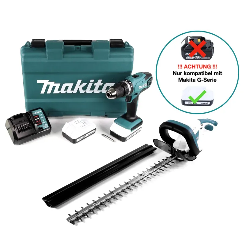 Angebot Makita HP 457 DWE Akku Schlagbohrschrauber G-Serie 18 V 42 Nm im Koffer + UH 522 DZ Akku Heckenschere 52 cm + 2x Akku 1,5 Ah + Ladegerät