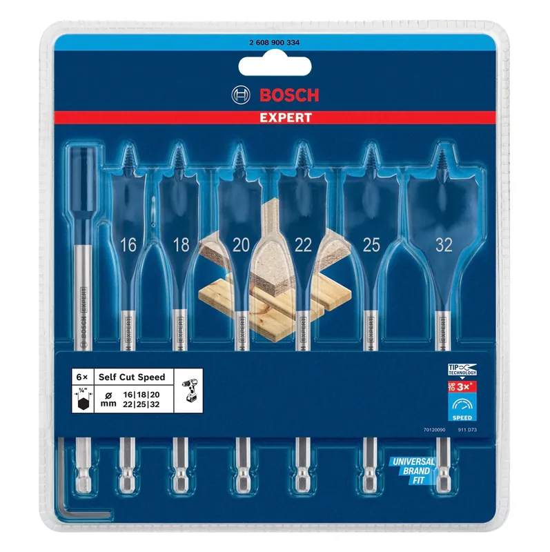 Neue Ware Bosch EXPERT SelfCut Speed Flachfräsbohrer Set 16 - 32 mm 7 tlg. ( 2608900334 ) für Holz - Nachfolger von 2608587009