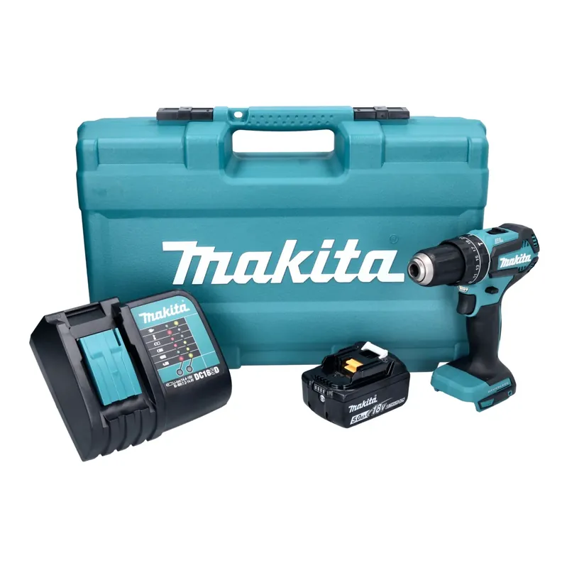 Makita DHP 485 STX5 Akku Schlagbohrschrauber 18 V 50 Nm Brushless + 1x Akku 5,0 Ah + Ladegerät + 101 tlg. Zubehör Set + Koffer Direktkauf