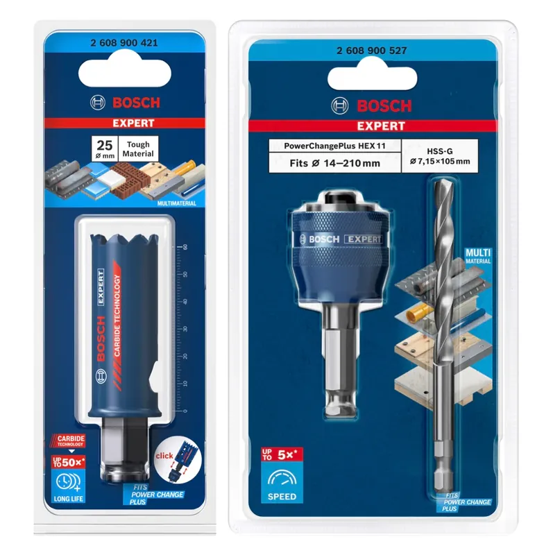 Bosch EXPERT Tough Material Lochsägen Starter Set 25 x 60 mm Carbide ( 2608900421 ) Universal + Power Change Adapter ( 2608900527 ) Super-Preis