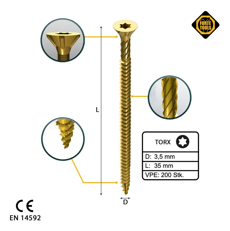 FORTE Tools Universal Holzschraube 3,5 x 35 mm T15 200 Stk. ( 000051399469 ) gelb verzinkt Torx Senkkopf Vollgewinde Neue Kollektion