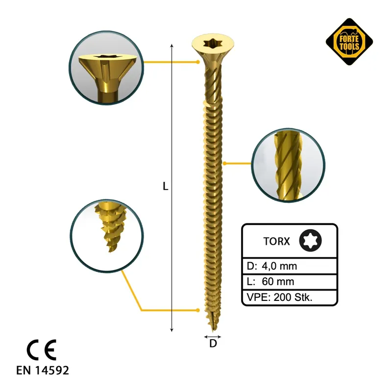 Bestseller FORTE Tools Universal Holzschraube 4,0 x 60 mm T20 200 Stk. ( 000051399476 ) gelb verzinkt Torx Senkkopf Vollgewinde