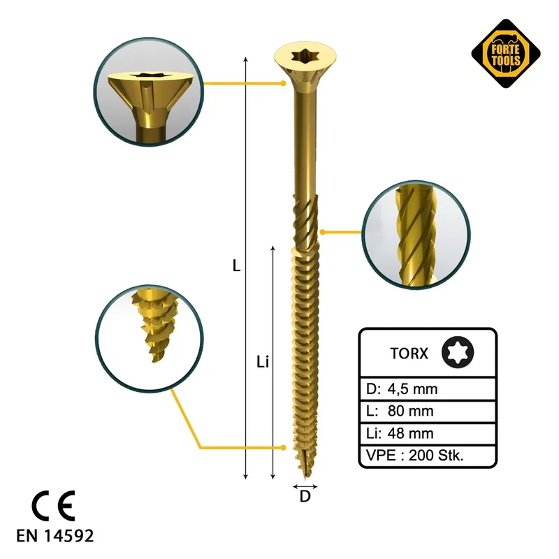 FORTE Tools Universal Holzschraube 4,5 x 80 mm T20 200 Stk. ( 000051399482 ) gelb verzinkt Torx Senkkopf Teilgewinde Neu Im Sortiment