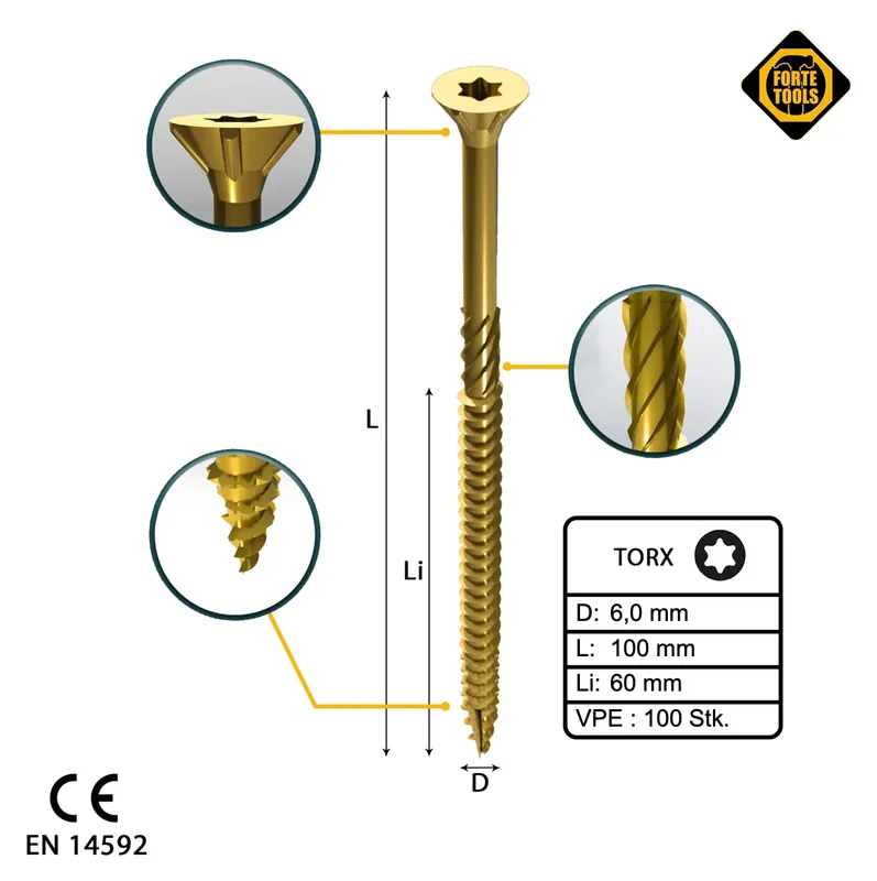 Jetzt Kaufen FORTE Tools Universal Holzschraube 6,0 x 100 mm T30 100 Stk. ( 000051399491 ) gelb verzinkt Torx Senkkopf Teilgewinde