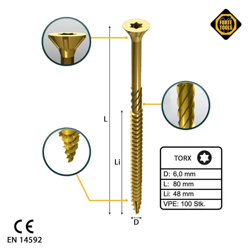 Mega-Angebot FORTE Tools Universal Holzschraube 6,0 x 80 mm T30 100 Stk. ( 000051399496 ) gelb verzinkt Torx Senkkopf Teilgewinde
