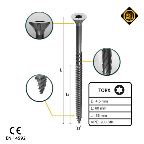 Sonderaktion FORTE Tools Universal Holzschraube 4,5 x 60 mm T20 200 Stk. ( 000040113875 ) silber verzinkt Torx Senkkopf Teilgewinde