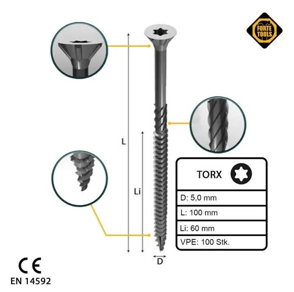 Aktuell FORTE Tools Universal Holzschraube 5,0 x 100 mm T25 100 Stk. ( 000040113878 ) silber verzinkt Torx Senkkopf Teilgewinde