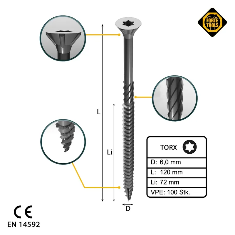 Wochenendangebot FORTE Tools Universal Holzschraube 6,0 x 120 mm T30 100 Stk. ( 000040113887 ) silber verzinkt Torx Senkkopf Teilgewinde