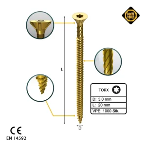 Knallerangebot FORTE Tools Universal Holzschraube 3,0 x 20 mm T10 1000 Stk. ( 2x 000051399462 ) gelb verzinkt Torx Senkkopf Vollgewinde