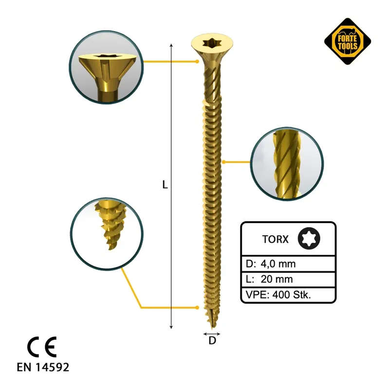 FORTE Tools Universal Holzschraube 4,0 x 20 mm T20 400 Stk. ( 2x 000051399472 ) gelb verzinkt Torx Senkkopf Vollgewinde Garantierte Lieferung