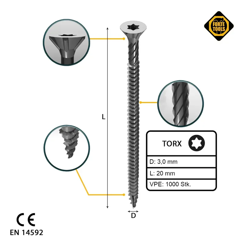 Direkt Vom Hersteller FORTE Tools Universal Holzschraube 3,0 x 20 mm T10 1000 Stk. ( 2x 000040113857 ) silber verzinkt Torx Senkkopf Vollgewinde