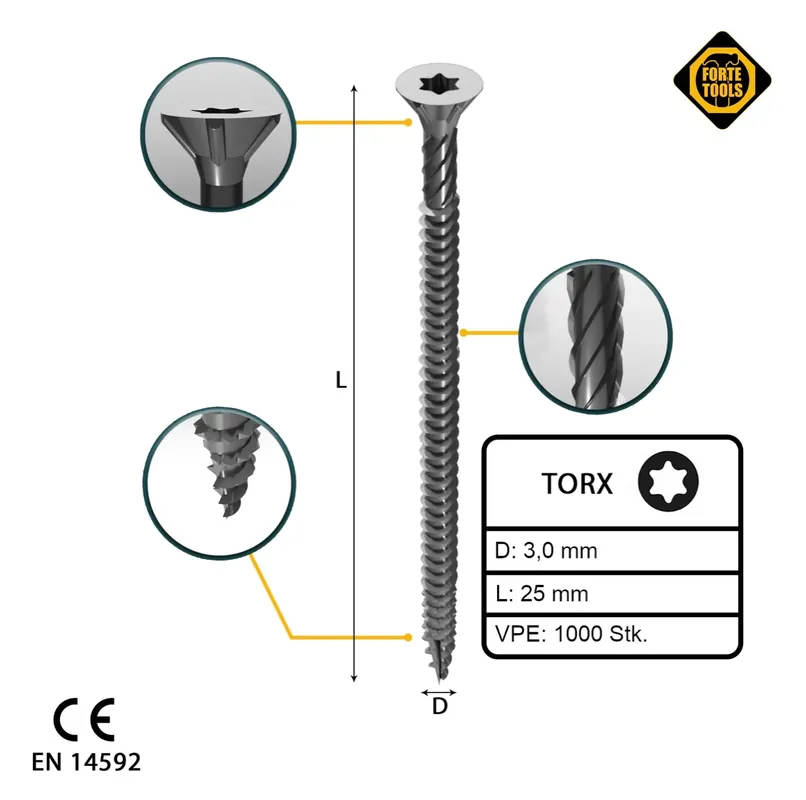 Begrenztes Angebot FORTE Tools Universal Holzschraube 3,0 x 25 mm T10 1000 Stk. ( 2x 000040113858 ) silber verzinkt Torx Senkkopf Vollgewinde