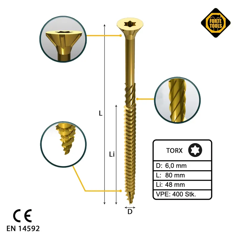 Sichere Zahlung FORTE Tools Universal Holzschraube 6,0 x 80 mm T30 400 Stk. ( 4x 000051399496 ) gelb verzinkt Torx Senkkopf Teilgewinde