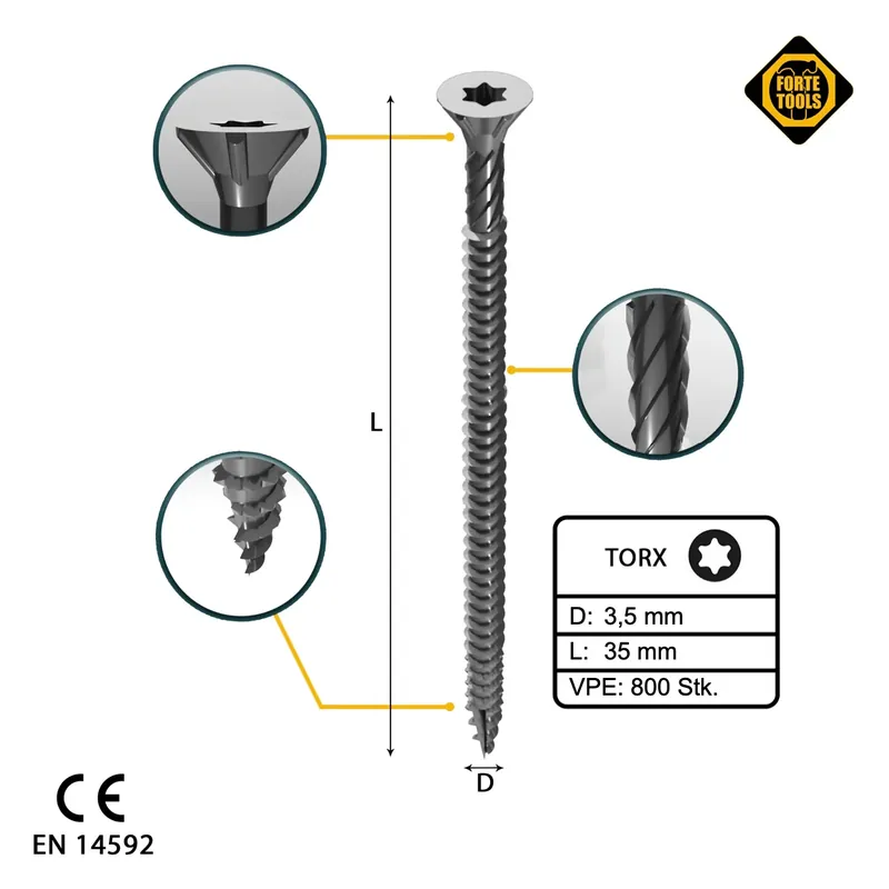 Top-Angebot FORTE Tools Universal Holzschraube 3,5 x 35 mm T15 800 Stk. ( 4x 000040113864 ) silber verzinkt Torx Senkkopf Vollgewinde
