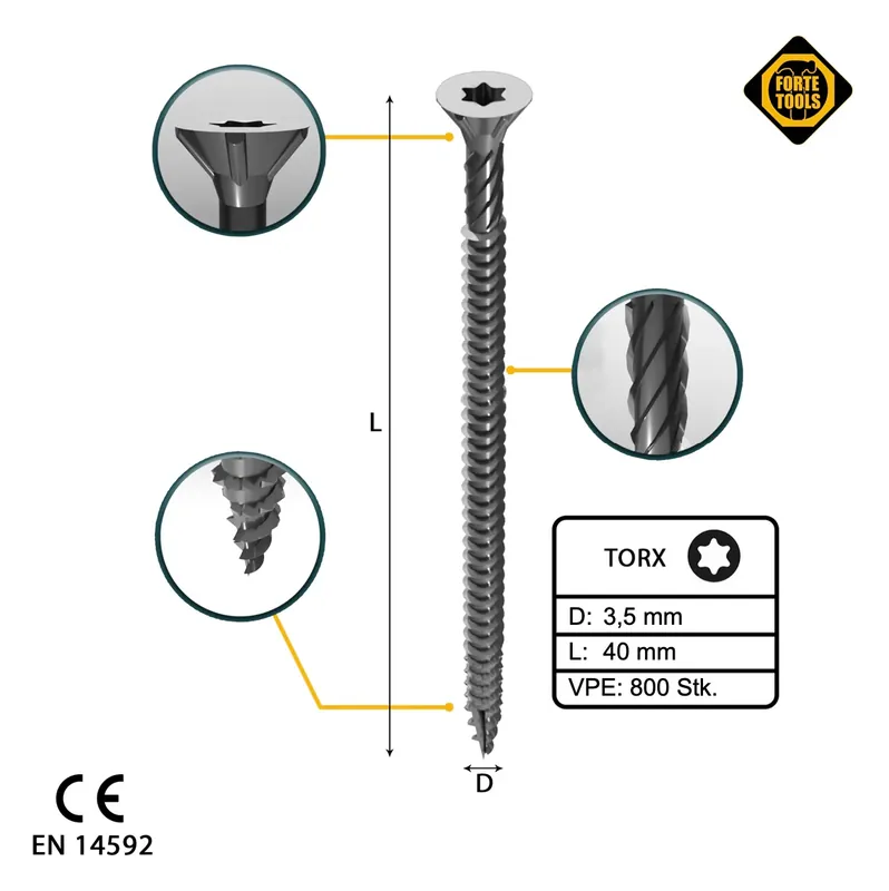 FORTE Tools Universal Holzschraube 3,5 x 40 mm T15 800 Stk. ( 4x 000040113865 ) silber verzinkt Torx Senkkopf Vollgewinde Kracherpreis