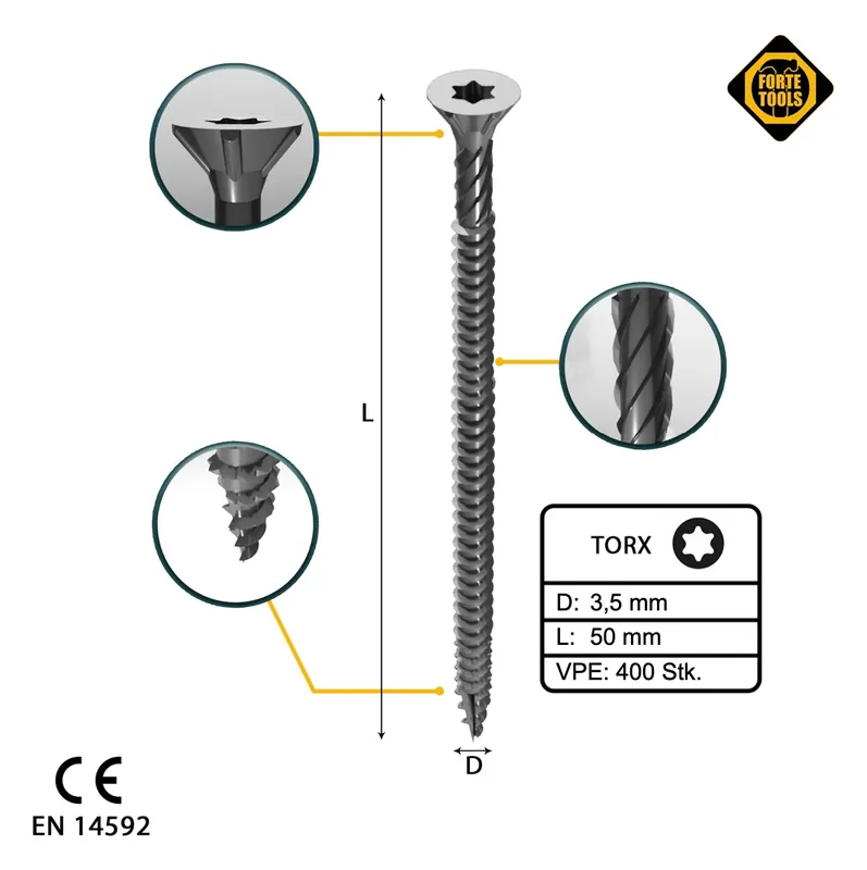 Top-Preis FORTE Tools Universal Holzschraube 3,5 x 50 mm T15 400 Stk. ( 2x 000040113866 ) silber verzinkt Torx Senkkopf Vollgewinde