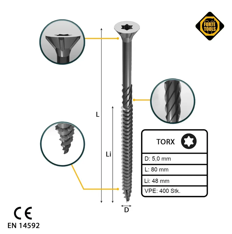 FORTE Tools Universal Holzschraube 5,0 x 80 mm T25 400 Stk. ( 2x 000040113884 ) silber verzinkt Torx Senkkopf Teilgewinde Beliebt