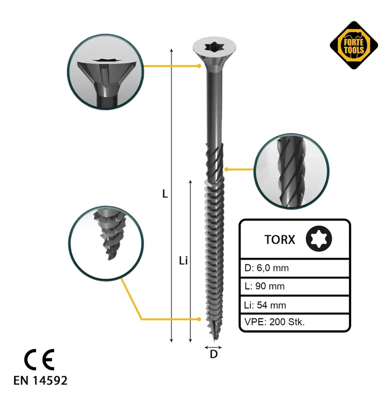 FORTE Tools Universal Holzschraube 6,0 x 90 mm T30 200 Stk. ( 2x 000040113892 ) silber verzinkt Torx Senkkopf Teilgewinde Finale Aktion