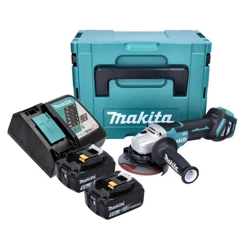 Expressversand Makita DGA 515 RTJ Akku Winkelschleifer 18 V 125 mm Brushless + 2x Akku 5,0 Ah + Ladegerät + Makpac