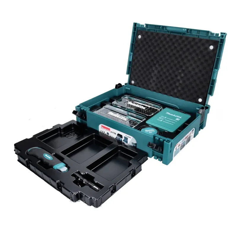 Makita Bohrer- und Bitset 116 tlg Set ( B-49884 ) Taschenlampe / Ratschenschraubendreher / Schnellwechsel Bithalter / Maßband / Cuttermesser / Makpac Highlight