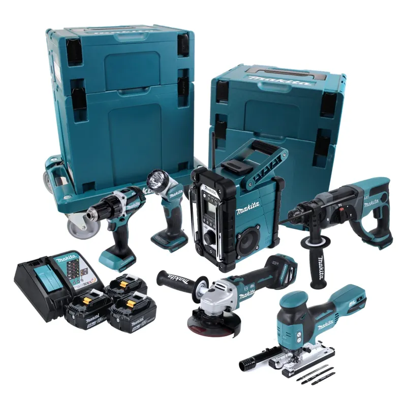 Garantierte Lieferung Makita DLX 6087 TJ1 EXTRA Akku Combo Kit DDF 484 Bohrschrauber + DGA 513 Winkelschleifer + DHR 202 Kombihammer + DJV 181 Pendelhubstichsäge + DMR 107 Baustellenradio + DML 802 Lampe + 3x Akku 5,0 Ah + Ladegerät + 4x Makpac + Transportwagen