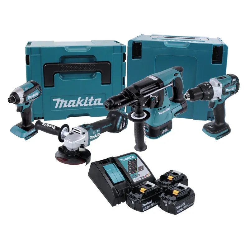Makita DLX 4104 TJ1 Akku Combo Kit DGA 513 Winkelschleifer + DHP 481 Schlagbohrschrauber + DHR 243 Bohrhammer + DTD 153 Schlagschrauber + 3x Akku 5,0 Ah + Ladegerät + 2x Makpac Jetzt Kaufen