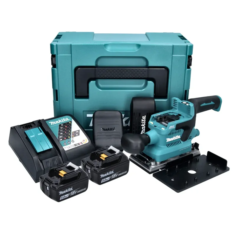 Makita DBO 380 RTJ Akku Schwingschleifer 18 V 93 x 185 mm Brushless + 2x Akku 5,0 Ah + Ladegerät + Makpac Rabatt