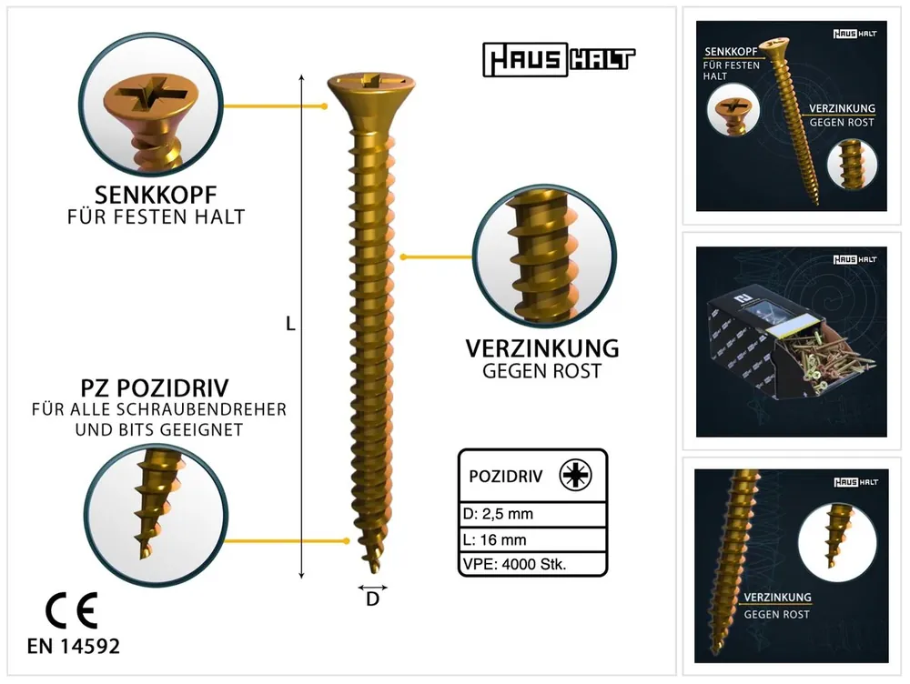 Preisknaller HausHalt Universal Holzbauschraube Holzschraube 2,5 x 16 mm PZ1 4000 Stk. ( 4x 000051371121 ) gelb verzinkt Kreuzschlitz Pozidriv Senkkopf Vollgewinde