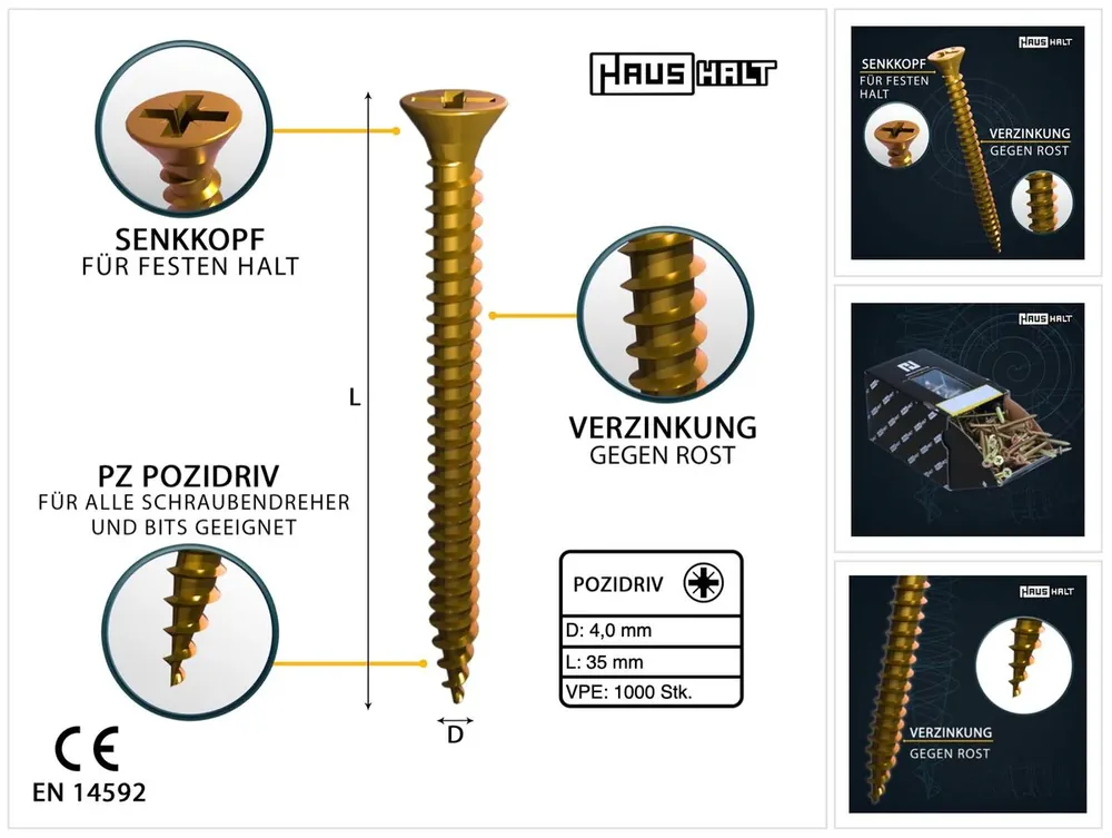 Nur Heute HausHalt Universal Holzbauschraube Holzschraube 4,0 x 35 mm PZ2 1000 Stk. ( 2x 000051371145 ) gelb verzinkt Kreuzschlitz Pozidriv Senkkopf Vollgewinde