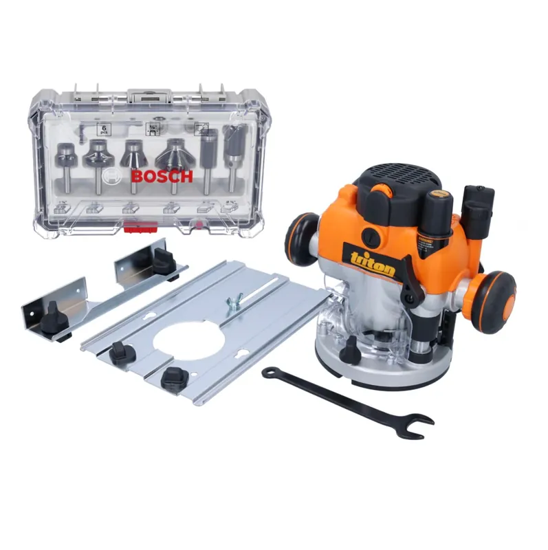 Triton MOF001 Oberfräse 1400 Watt 59 mm Hub + Anschlag + 6 tlg. Fräser Set Preisreduziert