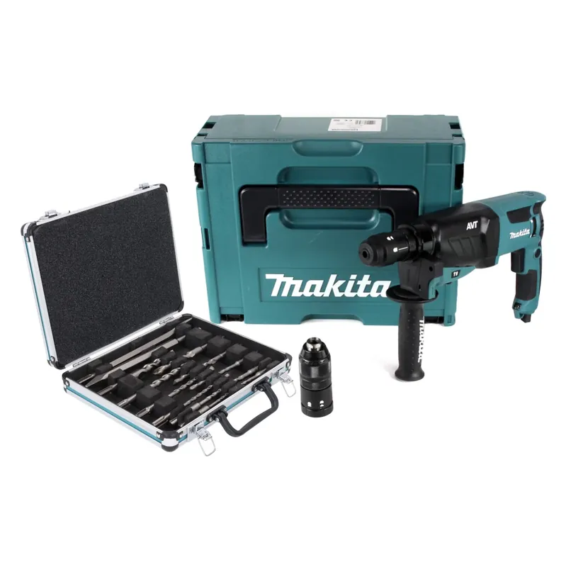Makita HR 2631 FTJ Kombihammer 800 W 2,4 J SDS Plus + Schnellspannbohrfutter + 13 tlg. Bohrer und Meißel Set + Makpac Versand Am Gleichen Tag