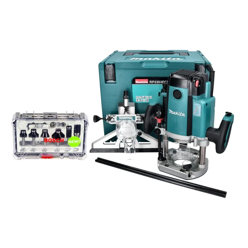 Kracherpreis Makita RP 2303 FCXJ Oberfräse 2100 Watt 70 mm Hub + Anschlag + 6 tlg. Fräser Set + Makpac