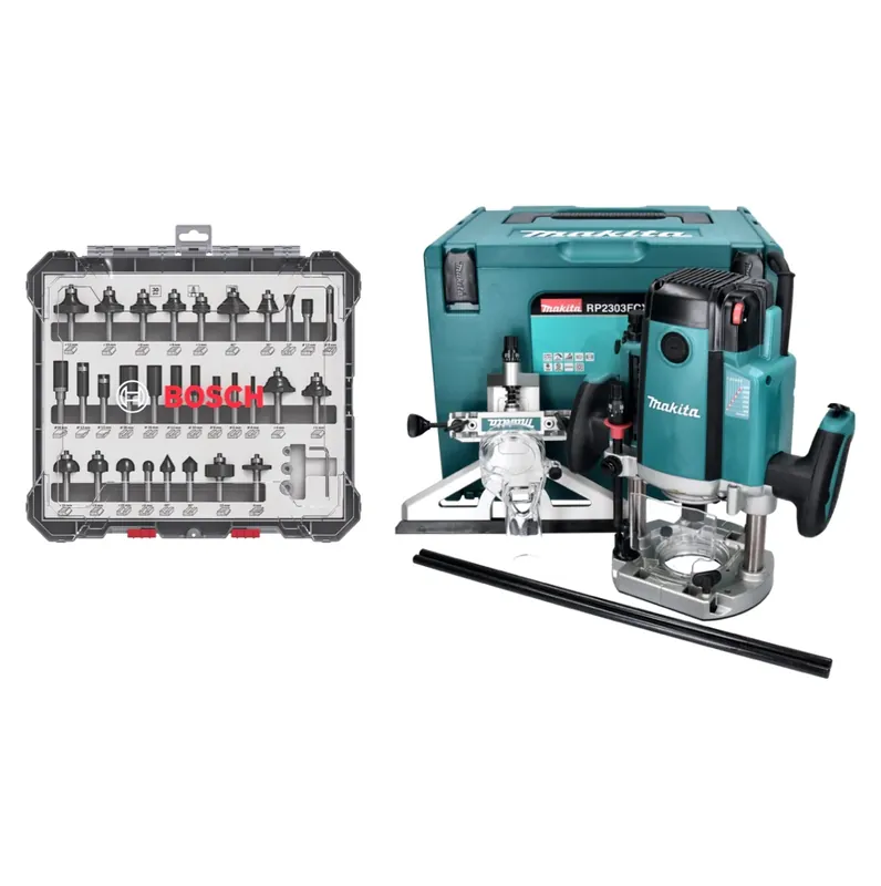 Expressversand Makita RP 2303 FCXJ Oberfräse 2100 Watt 70 mm Hub + Anschlag + 30 tlg. Fräser Set + Makpac