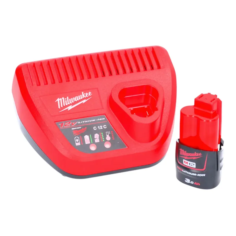 Ausverkauf Milwaukee M12 NRG-301 Akku Starter Set 12 V 3,0 Ah / 3000 mAh Li-Ion Akku ( 4932451388 ) + M12-C12C Ladegerät ( 4932352000 )