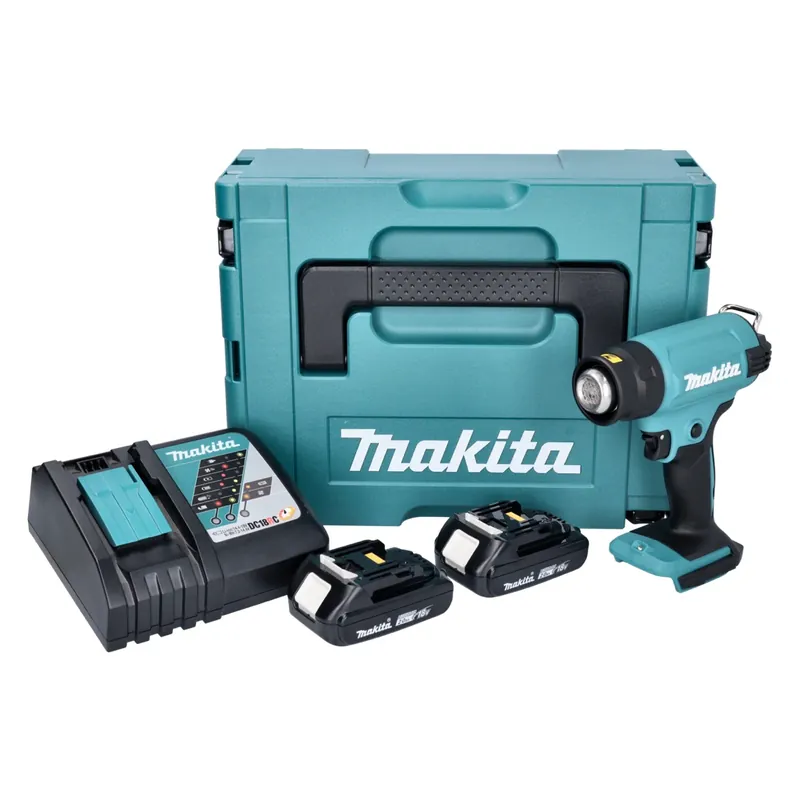 Rabatt Makita DHG 180 RAJ Akku Heißluftgebläse 18 V 550 °C + 2x Akku 2,0 Ah + Ladegerät + Makpac