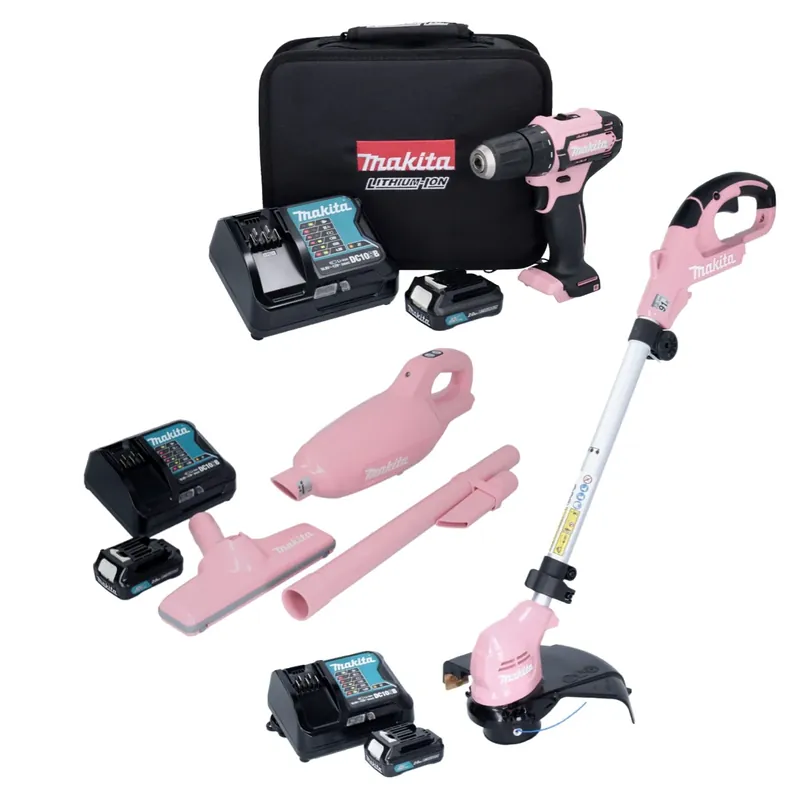 Angebot Makita Pink Lady Edition Set 12 V DF 333 DSAP1 Akku Bohrschrauber + CL 108 FDSAP Staubsauger + UR 100 DSAP Rasentrimmer + 3x Akku 2,0 Ah + 3x Ladegerät