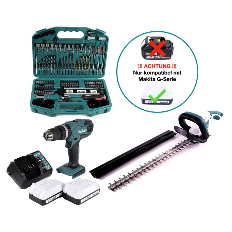 Makita HP 457 DWE Akku Schlagbohrschrauber 18 V + UH 522 DZ Akku Heckenschere 18 V 52 cm ( G Serie ) + 2 x Akku 1,5 Ah + Ladegerät + 74 tlg. Set Sichere Zahlung