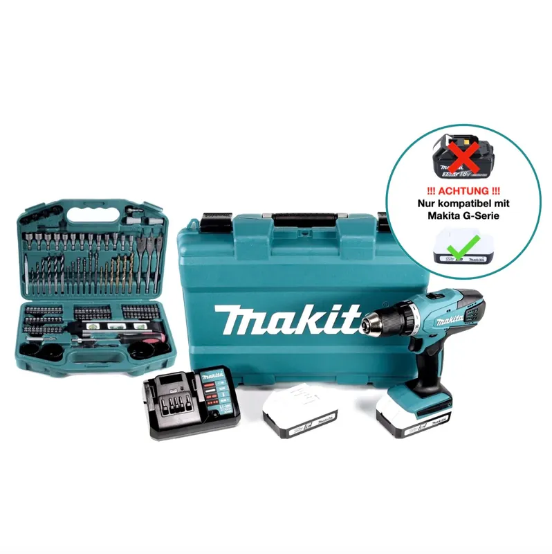 Makita DF 457 DWE 10 Akku Bohrschrauber 18 V 42 Nm G-Serie + 2x Akku 1,5 Ah + Ladegerät + 101 tlg. Bit Bohrer Set + Koffer Nur Heute