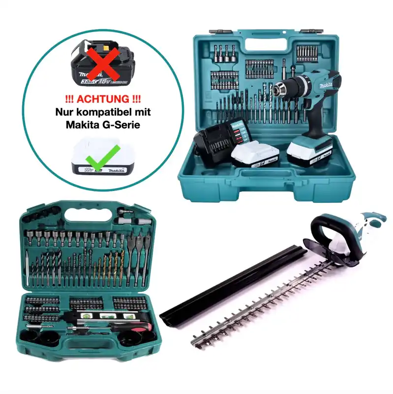 Super-Preis Makita DF 457 DWE Akku Bohrschrauber 18 V 42 Nm G-Serie + Makita UH 522 DZ Akku Heckenschere + 2x Akku 1,5 Ah + Ladegerät + 101 tlg. Bit Bohrer Set + Koffer