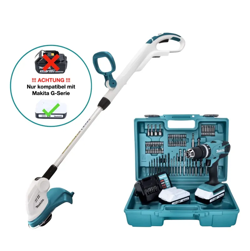 Versand Am Gleichen Tag Makita UR 180 DZ Akku Rasentrimmer 18 V 260 mm G-Serie + HP 457 DWE10 Akku Schlagbohrschrauber 18 V 42 Nm + 2x Akku 1,5 Ah + Ladegerät + 74 tlg. Bit Bohrer Set