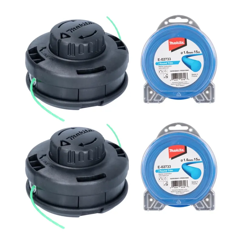 Makita 2-Fadenkopf Tap&Go 2,0 mm 2 Stück ( 2x 191D91-7 ) + Mähfaden rund 1,6 mm 15 m 2 Stück ( 2x E-02733 ) für 18 V Akku Rasentrimmer DUR 187 und DUR 188 Top-Preis