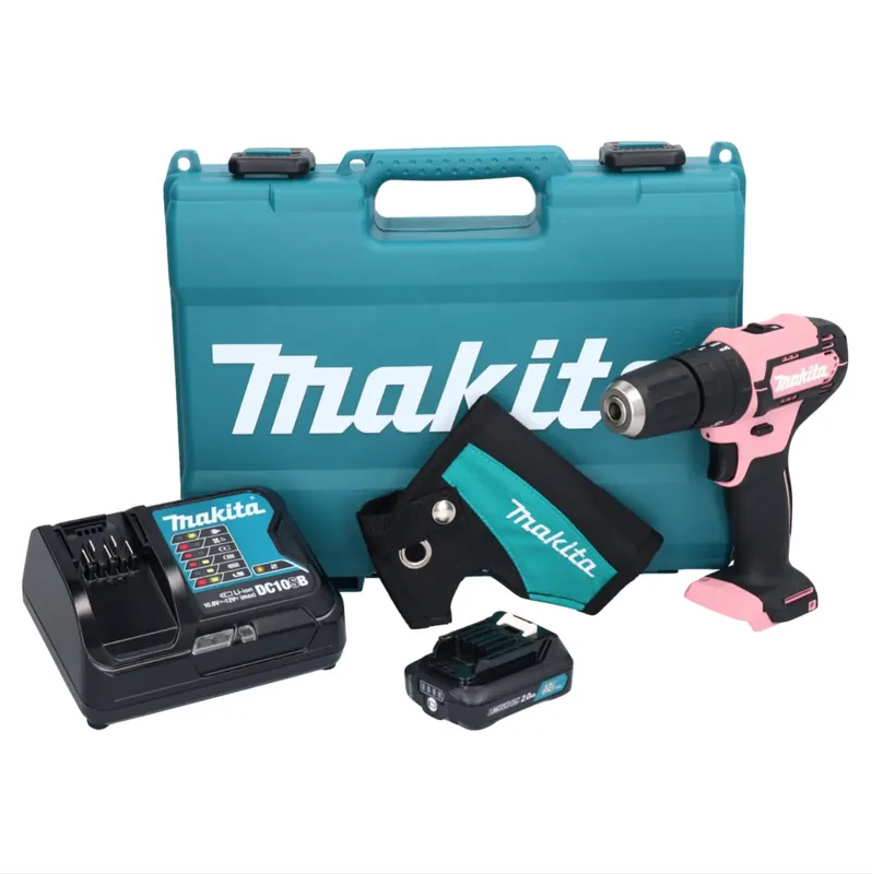 Makita HP 333 DSAP Akku Schlagbohrschrauber 12 V 30 Nm rosa + 1x Akku 2,0 Ah + Ladegerät + Holster + Koffer Highlight