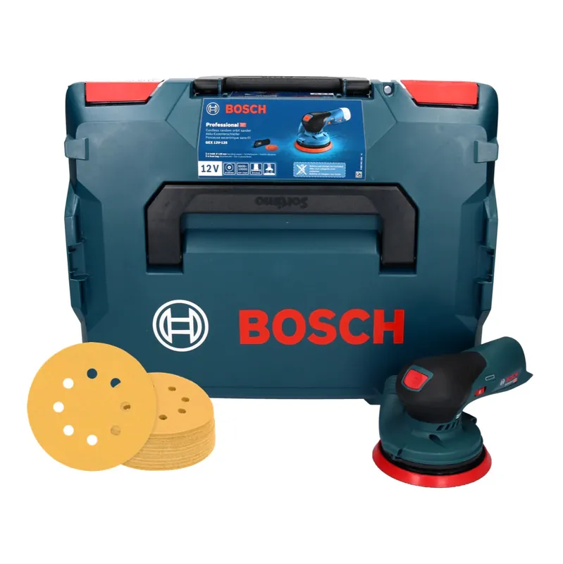 Bosch GEX 12V-125 Professional Akku Exzenterschleifer 12 V 125 mm Brushless + 50x EXPERT C470 Schleifpapier K 120 + L-Boxx - ohne Akku, ohne Ladegerät Geprüft