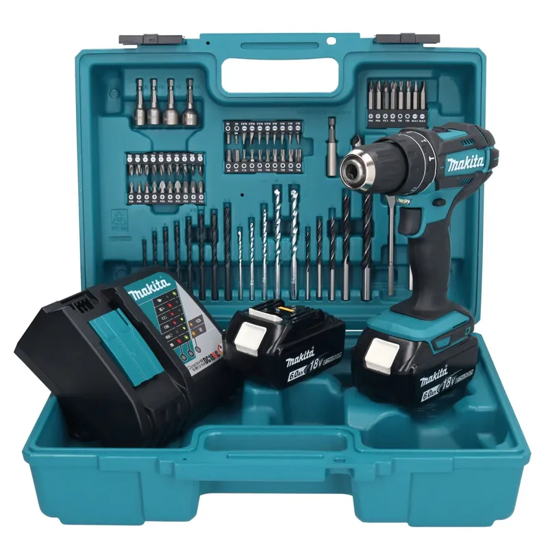 Preisknaller Makita DHP 482 RGX1 Akku Schlagbohrschrauber 18 V + 2x Akku 6,0 Ah + Ladegerät + 74 tlg. Zubehörset + Koffer